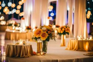 a wedding reception with candles and flowers. AI-Generated photo