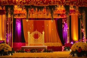 an indian wedding stage decorated with flowers and gold. AI-Generated photo