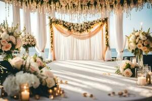 a wedding ceremony setup with flowers and candles. AI-Generated photo