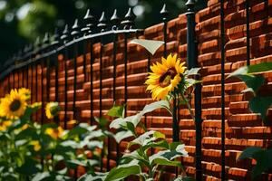 a sunflower is growing in front of a brick fence. AI-Generated photo