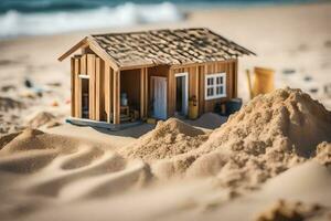 a miniature house on the beach with sand. AI-Generated photo