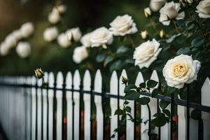 blanco rosas son creciente en un cerca. generado por ai foto