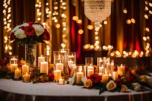 velas y flores son arreglado en un mesa con luces. generado por ai foto