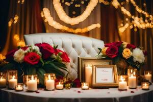 Boda mesa con velas y flores generado por ai foto