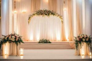 a wedding ceremony with a stage and flowers. AI-Generated photo
