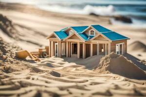 a miniature house is sitting in the sand. AI-Generated photo