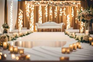 un Boda ceremonia con velas y blanco sillas. generado por ai foto