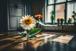 a single flower sits on the floor in front of a window. AI-Generated photo