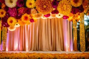 a stage with flowers and a curtain. AI-Generated photo