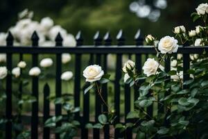 blanco rosas son creciente en un negro cerca. generado por ai foto