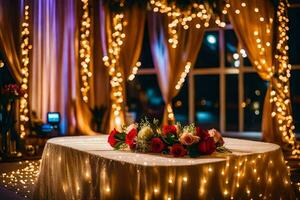 un Boda recepción mesa con luces y flores generado por ai foto