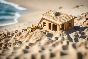 a miniature house is sitting on the sand near the ocean. AI-Generated photo