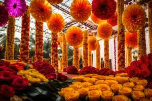a large display of flowers and paper flowers. AI-Generated photo