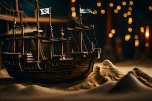 a model of a pirate ship in the sand. AI-Generated photo