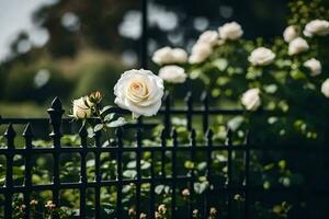 white roses in a black wrought iron fence. AI-Generated photo