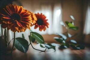 naranja flores en un florero en un de madera mesa. generado por ai foto