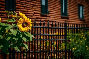 sunflowers in front of a fence. AI-Generated photo