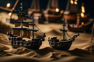 a miniature ship in the sand with other boats. AI-Generated photo