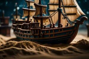 a model of a pirate ship on a sandy beach. AI-Generated photo