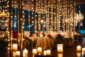 un Boda recepción es conjunto arriba con velas y luces. generado por ai foto