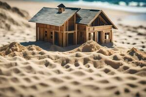 a model of a house in the sand. AI-Generated photo