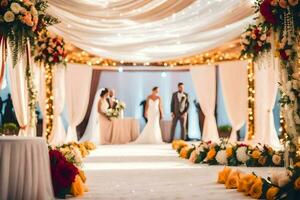 un Boda ceremonia es conjunto arriba con flores y blanco cortinas generado por ai foto