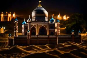 a model of a mosque in the desert at night. AI-Generated photo