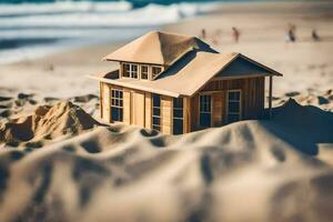 a miniature house on the beach with sand. AI-Generated photo