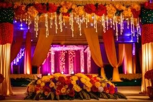 a colorful stage decorated with flowers and garlands. AI-Generated photo