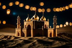 a model of a mosque in the desert with lights. AI-Generated photo