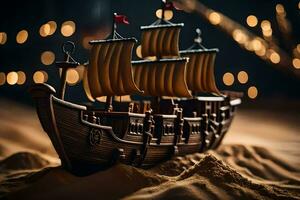 a model of a pirate ship in the sand. AI-Generated photo