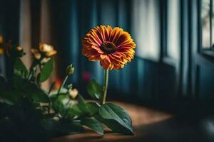 a flower in front of a window. AI-Generated photo