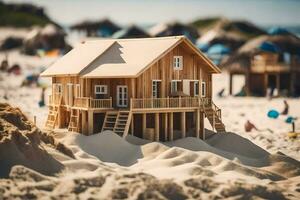 a miniature wooden house on the beach. AI-Generated photo