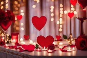 valentine's day decorations with red hearts and candles. AI-Generated photo