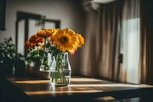 flowers in a vase on a table. AI-Generated photo