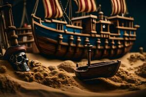 un pirata Embarcacion y un cráneo en el arena. generado por ai foto