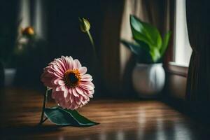 un soltero rosado flor se sienta en un de madera mesa en frente de un ventana. generado por ai foto