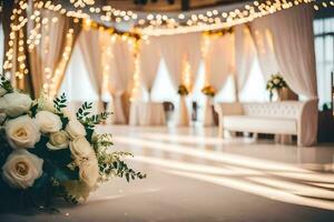 a wedding reception with white flowers and lights. AI-Generated photo