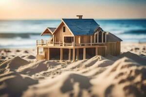 a miniature wooden house on the beach. AI-Generated photo