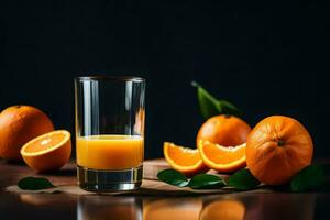 an orange juice glass with slices of oranges around it. AI-Generated photo