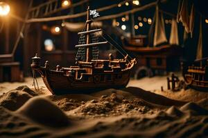 a wooden model of a pirate ship in the sand. AI-Generated photo