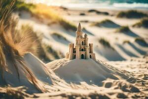 un arena castillo se sienta en el playa. generado por ai foto