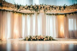 a wedding ceremony with white flowers and a chandelier. AI-Generated photo