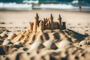 arena castillo en el playa. generado por ai foto