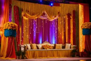 an indian wedding stage decorated with colorful curtains. AI-Generated photo