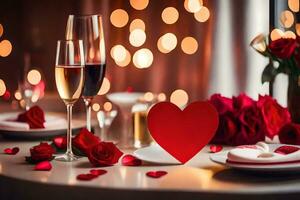 valentine's day table setting with red roses and glasses of wine. AI-Generated photo