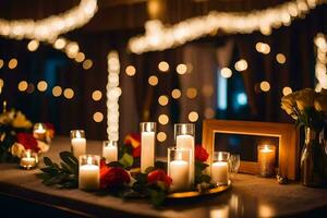 candles and flowers are set up on a table. AI-Generated photo