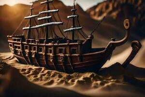 a model of a ship in the desert. AI-Generated photo