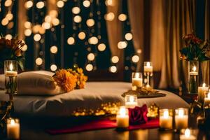 candles and flowers are lit in front of a bed. AI-Generated photo