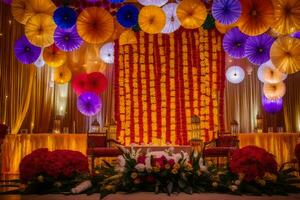 un vistoso Boda etapa con paraguas y flores generado por ai foto